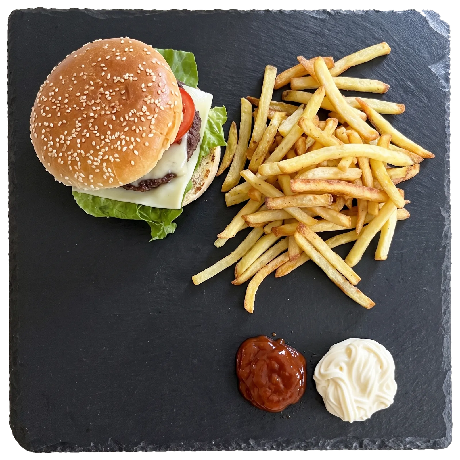 Cheeseburger mit Pommes, je einem Klecks Ketchup und Mayonnaise auf einer Schieferplatte